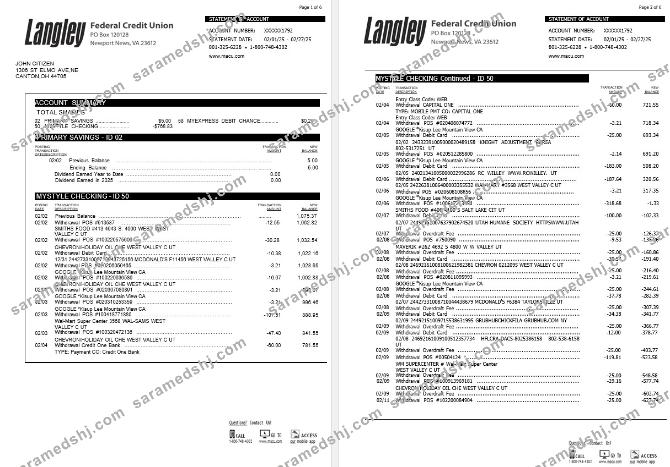 USA Langley Federal Credit Union bank statement, 6 pages